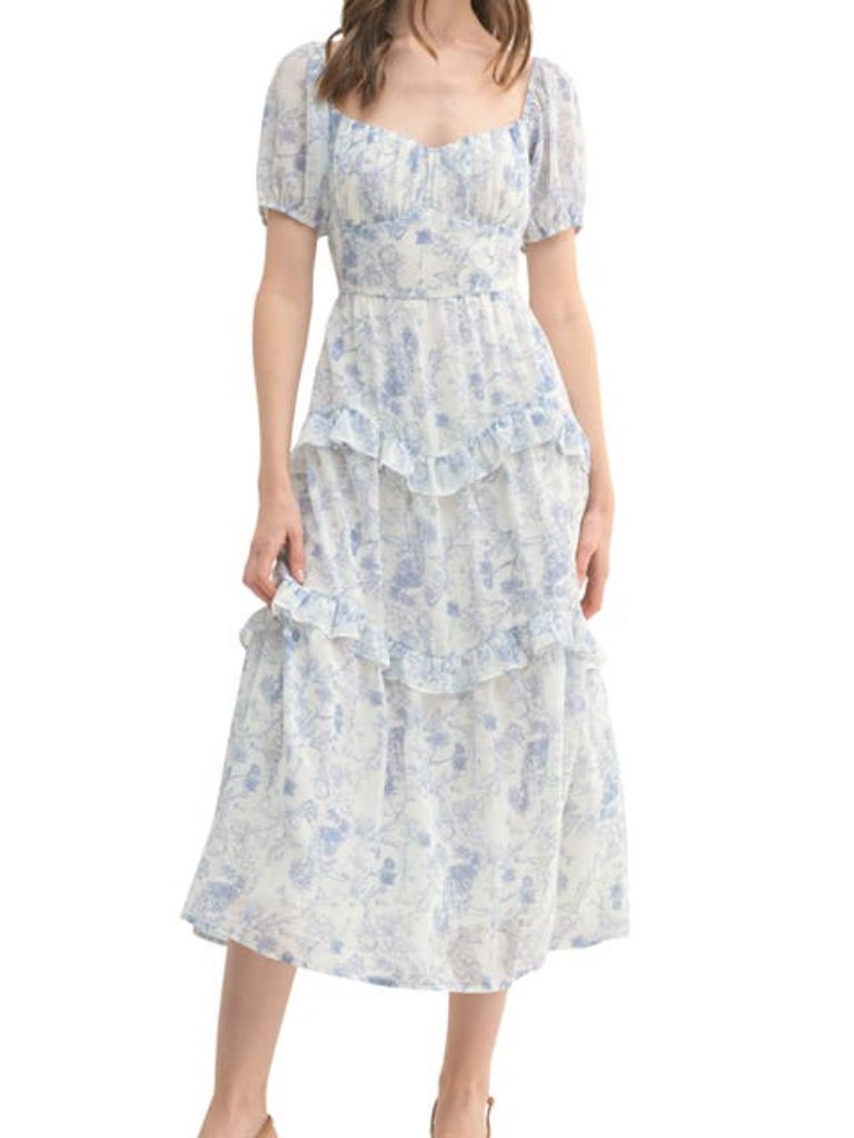 Lush Blue Floral Ruffle Puff Sleeve Midi Dress Cottagecore Size L